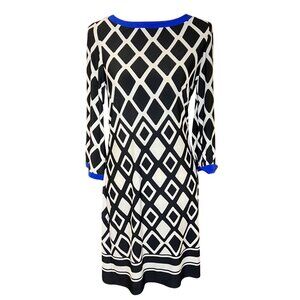 Eliza J‎ Black White Blue Diamond Geometric Print Sheath Dress Blue Sz 6 Career